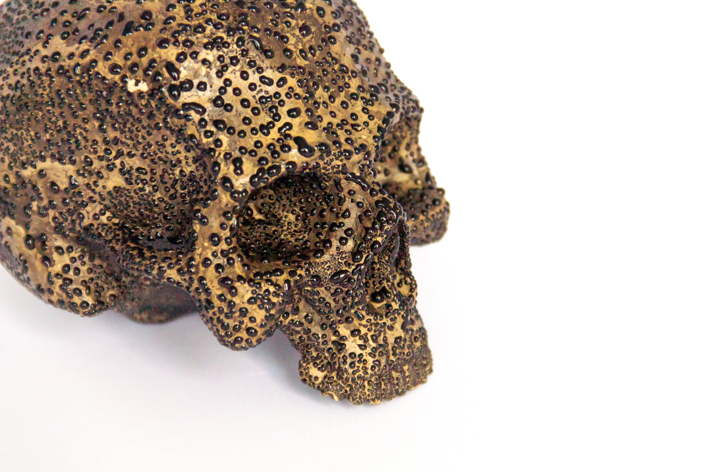 Czaszka ceramiczna w brazowym kolorze oraz czarnymi kroplami