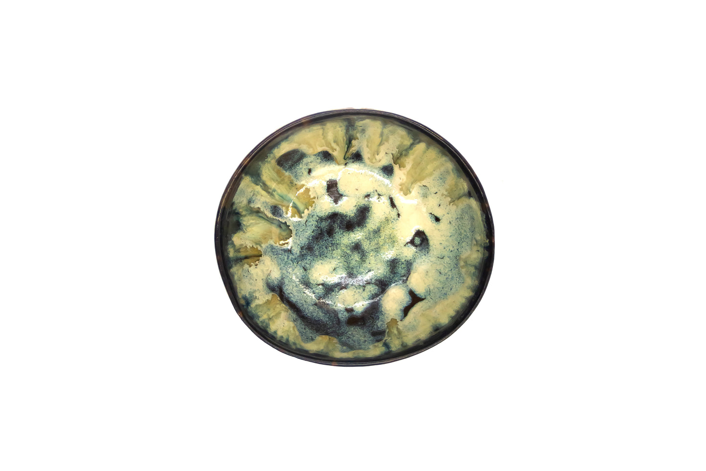 Miska ceramiczna w kolorze brązowo-zielonym z białymi płamkami ze spodkiem