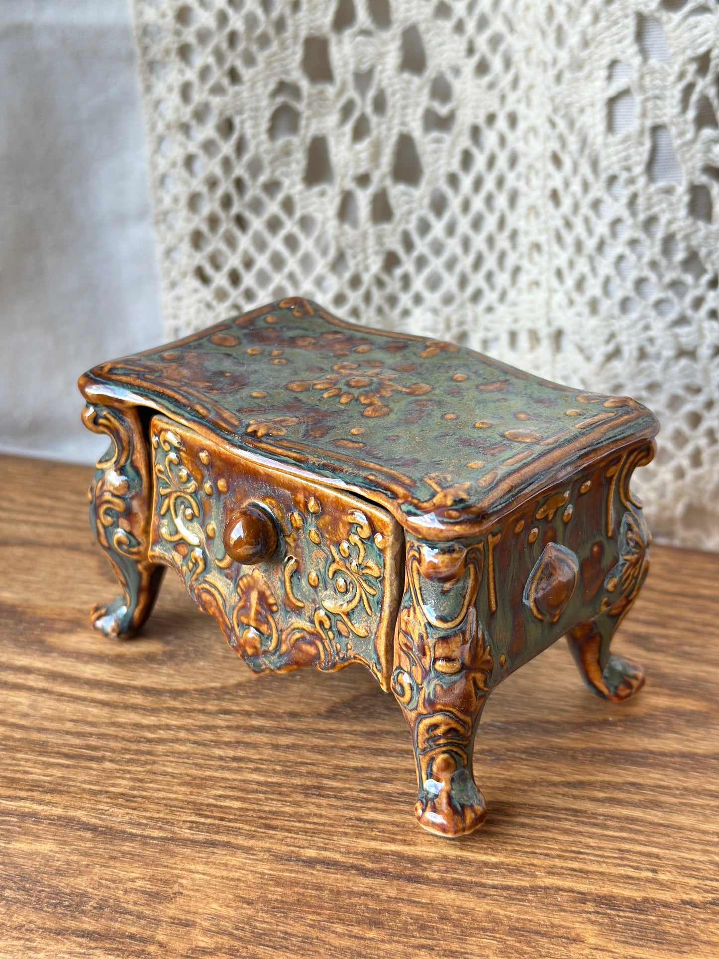 Szkatułka ceramiczna z szufladką brązowo-zielona